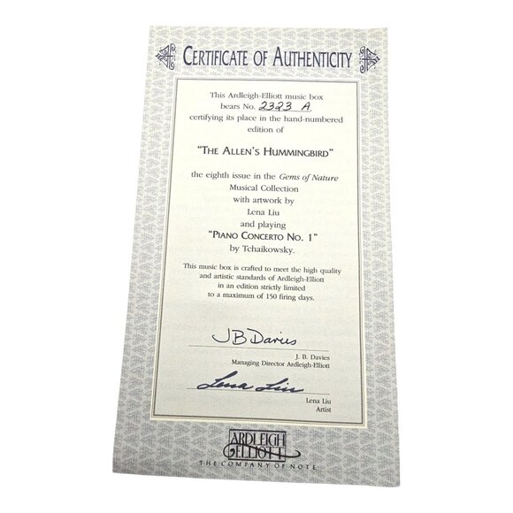 Allen's Hummingbird Music Box 1994 Lena Liu Ardleigh-Elliott Piano Concerto #1 - Picture 2 of 13